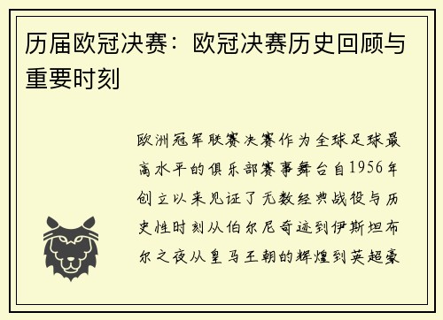 历届欧冠决赛：欧冠决赛历史回顾与重要时刻